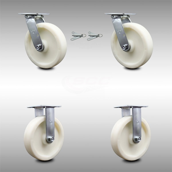 Service Caster 8 Inch Stainless Steel Nylon Caster Set with Roll Bearings 2 Swivel Lock 2 Rigid SCC-SS30S820-NYR-BSL-2-R-2 - main